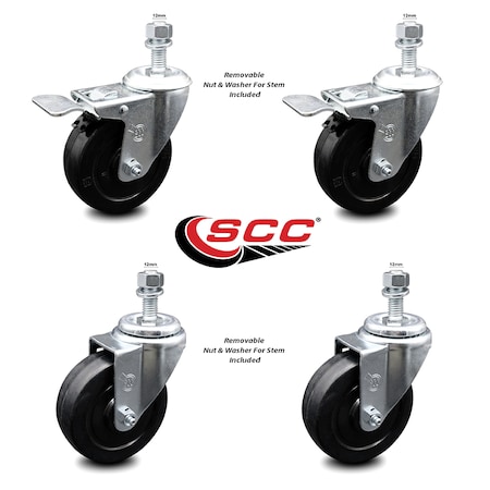 Service Caster 4 Inch Soft Rubber Wheel Swivel 12mm Stem Caster Total Lock Brake SCC, 2PK SCC-TSTTL20S414-SRS-M1215-2-S-2